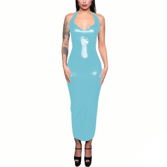 Evening Wetlook Halter Sleeveless Sexy Maxi Dress Women Sexy Slim Back Zipper Split Long Dress Female Club Party Pencil Dresses