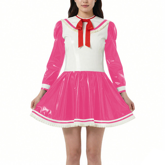 New College Style Cosplay A-line Dress Vinyl PVC Leather Long Sleeves Short Pleated Dress Halloween Maid Sailor Dress Outfits
