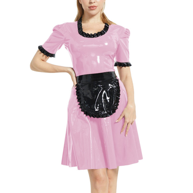 Cross-dresser Lolita Short Sleeve Maid Uniforms Sissy Halloween Party Cosplay Maid Dress with Apron Sweet Ruffles Maid Outfits