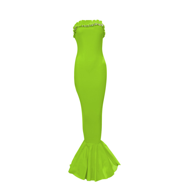 Wet Look Ruffle Trim Off Shoulder PVC Mermaid Dress Elegant Formal Maxi Evening Gown Sexy Strapless Sleeveless Tight Long Dress