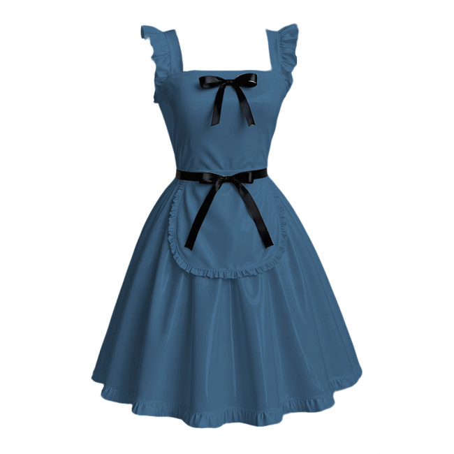 Anime Maid Cosplay A-line Dress Sissy Sexy Suspender Lolita Maid Dress Outfits Glossy PVC Leather Retro Maid Apron Fancy Dress