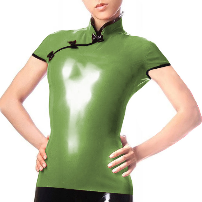 Plus Size Women Shirt Blouse Casual Elegant Short Sleeve PVC Leather Tops Female Chinese Style Tops Mandarin Collar Clothing