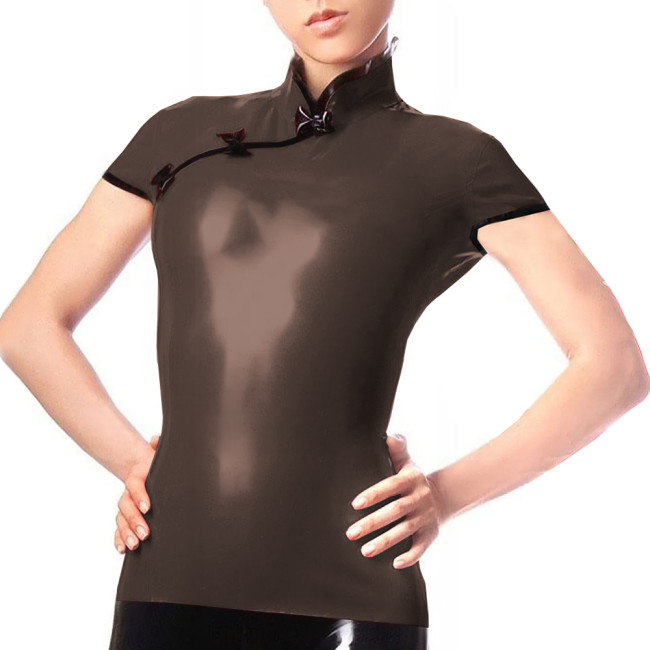 Plus Size Women Shirt Blouse Casual Elegant Short Sleeve PVC Leather Tops Female Chinese Style Tops Mandarin Collar Clothing