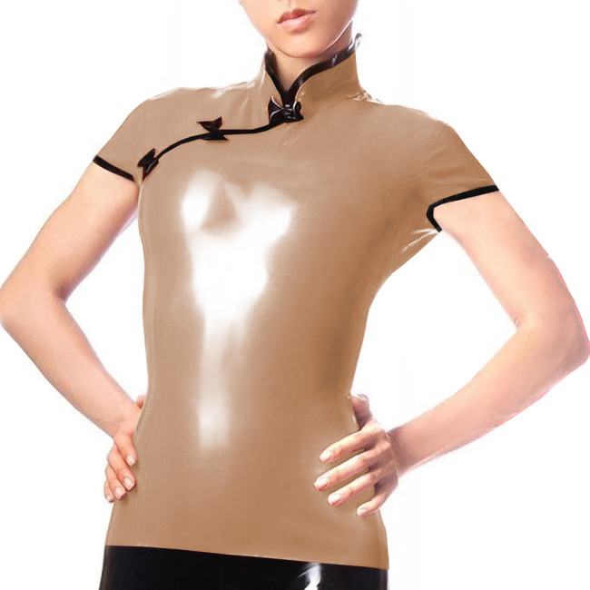 Plus Size Women Shirt Blouse Casual Elegant Short Sleeve PVC Leather Tops Female Chinese Style Tops Mandarin Collar Clothing