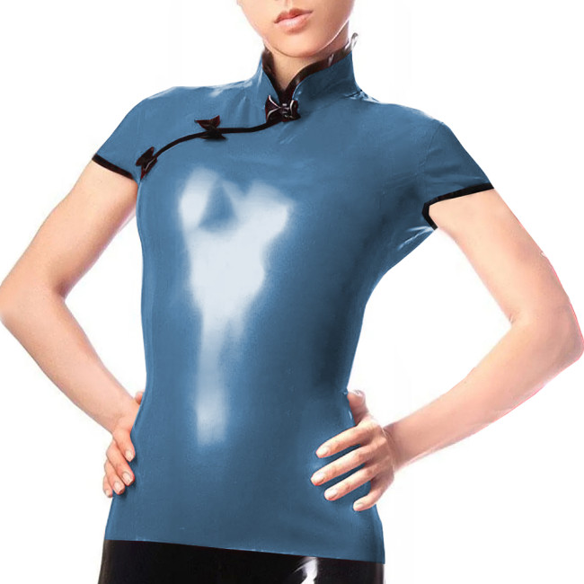 Plus Size Women Shirt Blouse Casual Elegant Short Sleeve PVC Leather Tops Female Chinese Style Tops Mandarin Collar Clothing