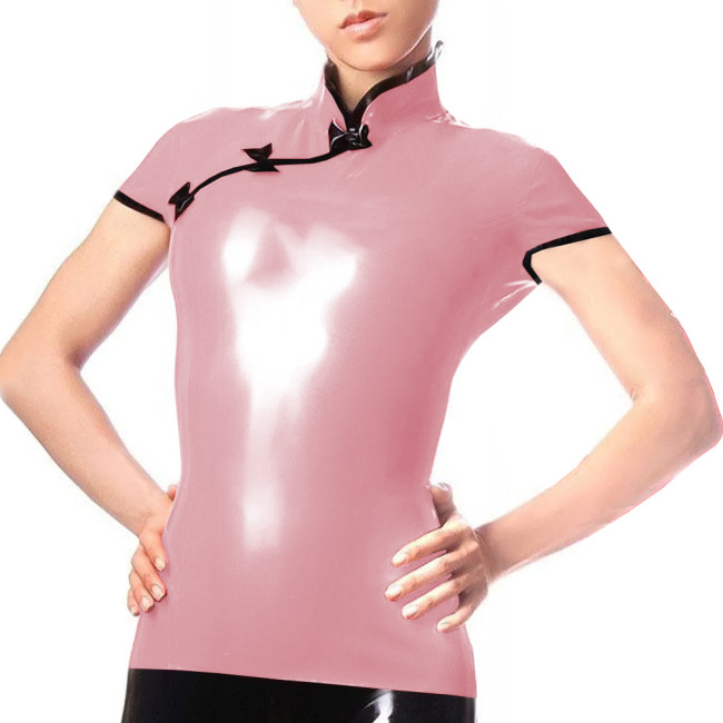 Plus Size Women Shirt Blouse Casual Elegant Short Sleeve PVC Leather Tops Female Chinese Style Tops Mandarin Collar Clothing