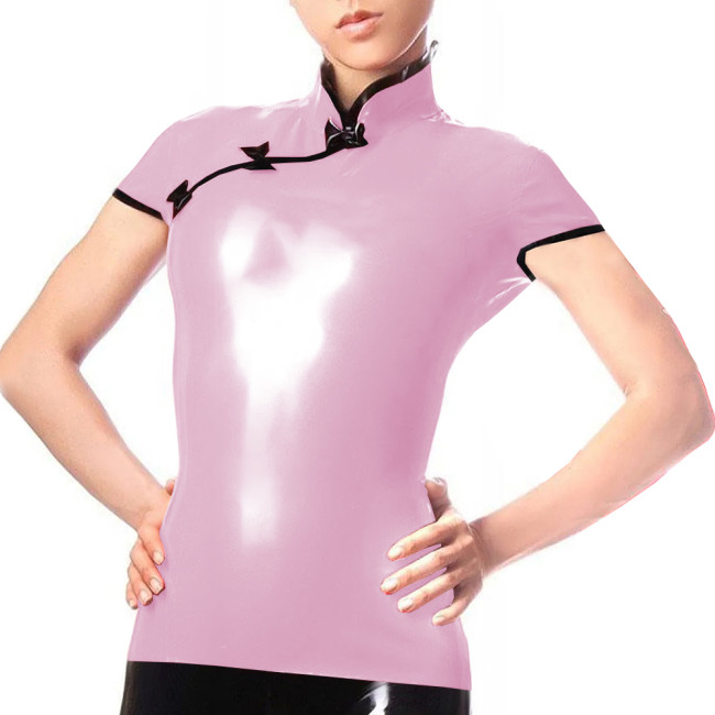 Plus Size Women Shirt Blouse Casual Elegant Short Sleeve PVC Leather Tops Female Chinese Style Tops Mandarin Collar Clothing