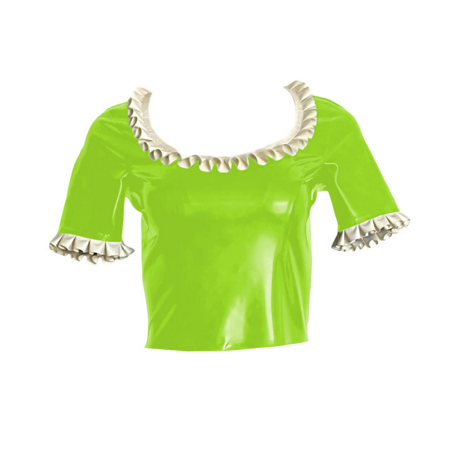 PVC Shiny Leather Ruffle Round Collar Tops Womens Short Sleeves Slim Short T-shirts Gothic Sexy Back Zipper Croped Tee Shirts