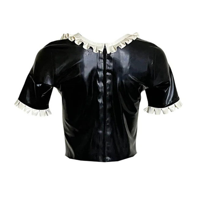PVC Shiny Leather Ruffle Round Collar Tops Womens Short Sleeves Slim Short T-shirts Gothic Sexy Back Zipper Croped Tee Shirts
