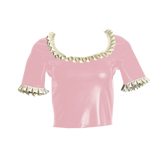PVC Shiny Leather Ruffle Round Collar Tops Womens Short Sleeves Slim Short T-shirts Gothic Sexy Back Zipper Croped Tee Shirts