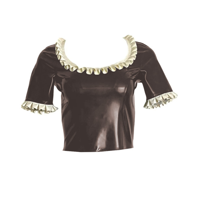 PVC Shiny Leather Ruffle Round Collar Tops Womens Short Sleeves Slim Short T-shirts Gothic Sexy Back Zipper Croped Tee Shirts
