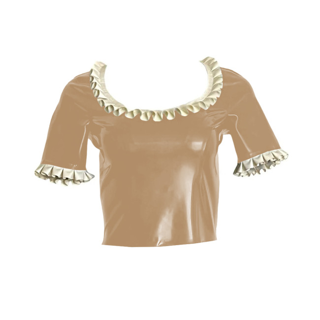 PVC Shiny Leather Ruffle Round Collar Tops Womens Short Sleeves Slim Short T-shirts Gothic Sexy Back Zipper Croped Tee Shirts