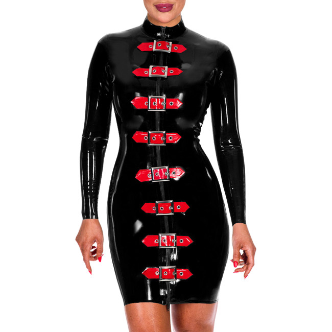 Womens Bodyocn Wetlook Short Dress Glossy PVC Leather Buckles Zipper Front Slim Dress Sissy Clubwear Fetish Sexy Skinny Dresses