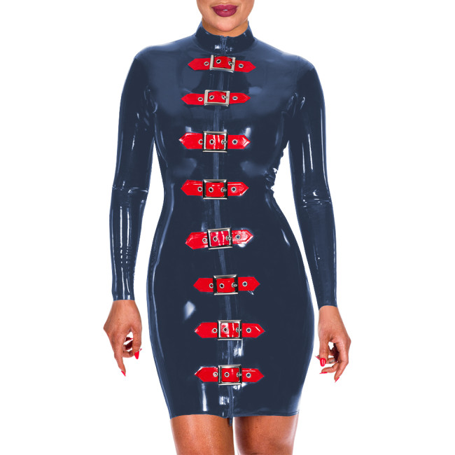 Womens Bodyocn Wetlook Short Dress Glossy PVC Leather Buckles Zipper Front Slim Dress Sissy Clubwear Fetish Sexy Skinny Dresses