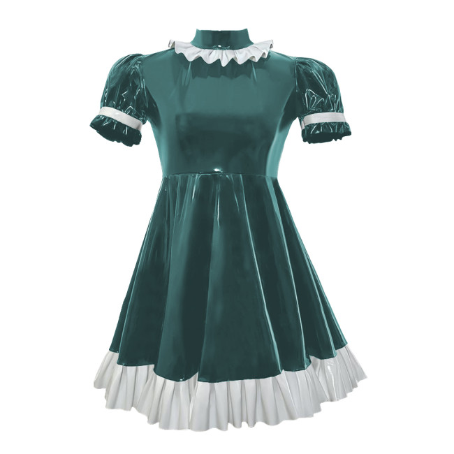 Lolita Puff Short SleevesA-line Dresses Wet Look Ruffles PVC Leather Mini Dress Sissy Back Zipper Pleated Cosplay Maid Costume