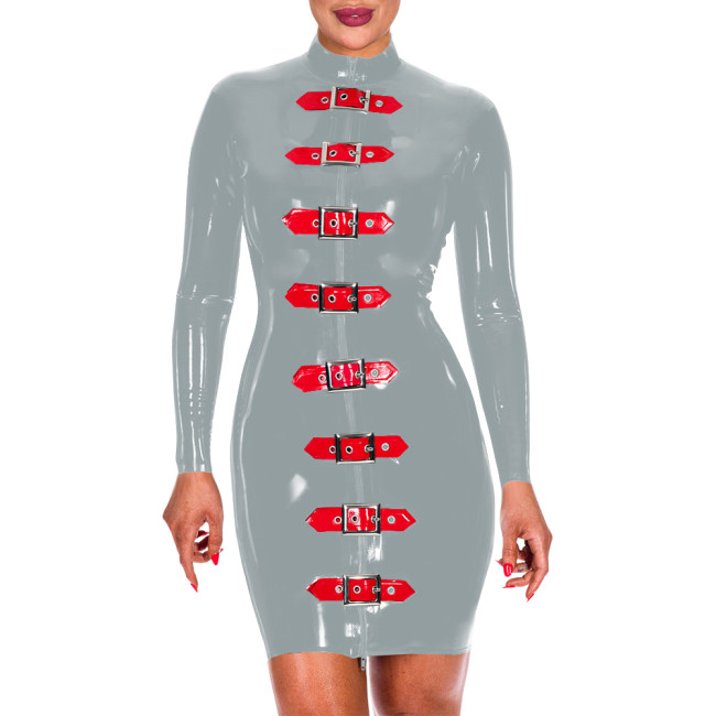 Womens Bodyocn Wetlook Short Dress Glossy PVC Leather Buckles Zipper Front Slim Dress Sissy Clubwear Fetish Sexy Skinny Dresses