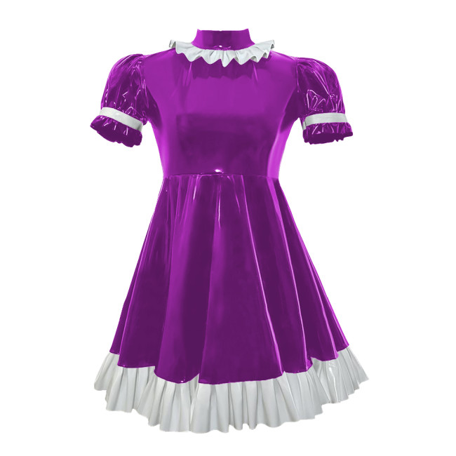 Lolita Puff Short SleevesA-line Dresses Wet Look Ruffles PVC Leather Mini Dress Sissy Back Zipper Pleated Cosplay Maid Costume