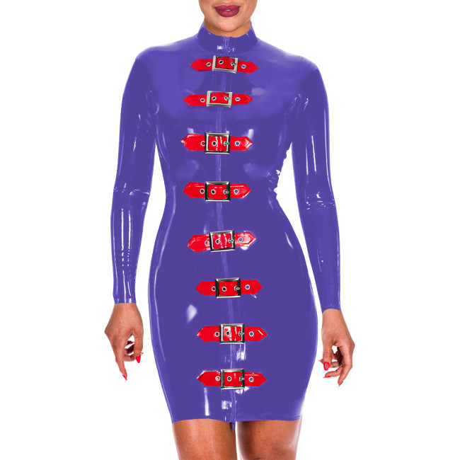 Womens Bodyocn Wetlook Short Dress Glossy PVC Leather Buckles Zipper Front Slim Dress Sissy Clubwear Fetish Sexy Skinny Dresses