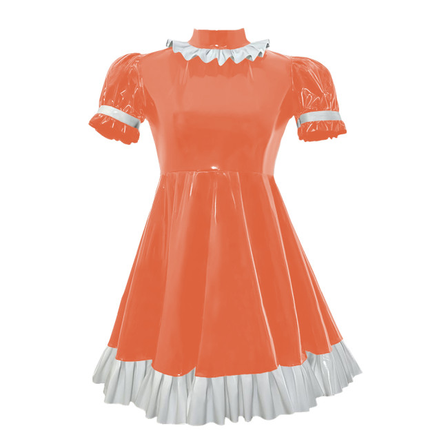 Lolita Puff Short SleevesA-line Dresses Wet Look Ruffles PVC Leather Mini Dress Sissy Back Zipper Pleated Cosplay Maid Costume