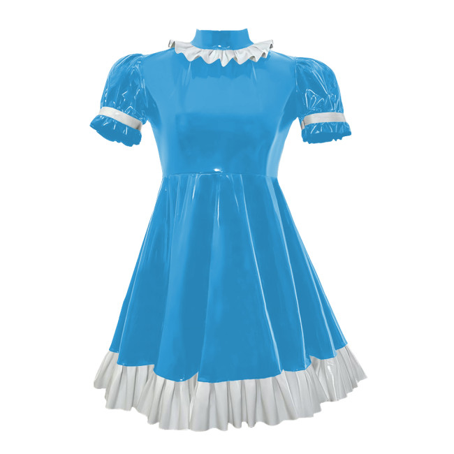 Lolita Puff Short SleevesA-line Dresses Wet Look Ruffles PVC Leather Mini Dress Sissy Back Zipper Pleated Cosplay Maid Costume