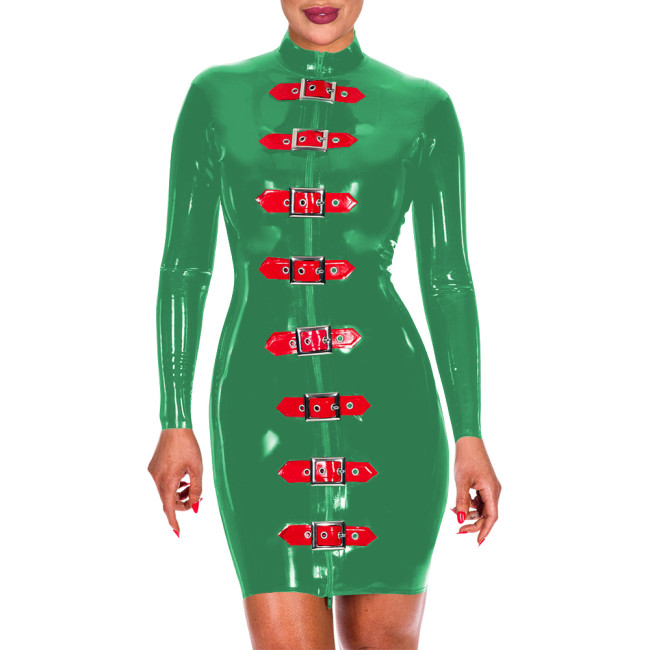Womens Bodyocn Wetlook Short Dress Glossy PVC Leather Buckles Zipper Front Slim Dress Sissy Clubwear Fetish Sexy Skinny Dresses