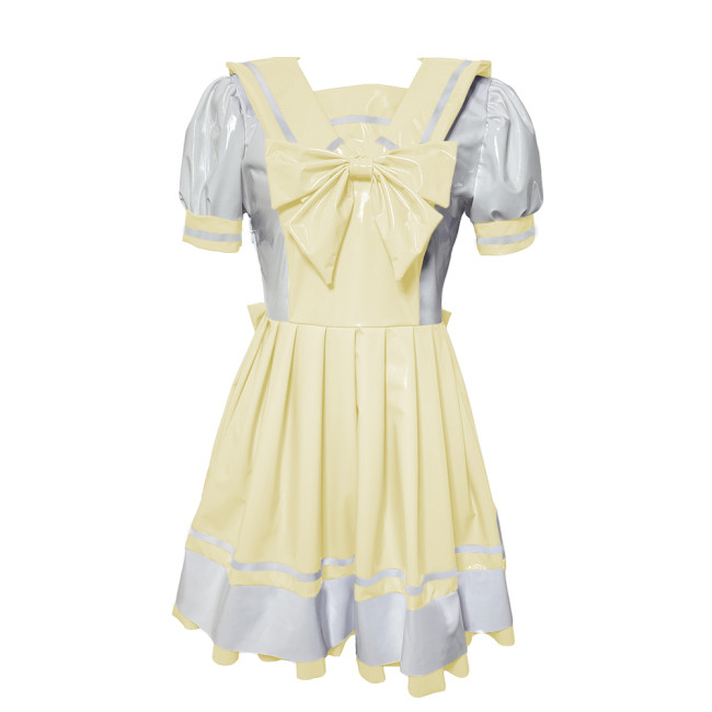 New Preppy College Style Pleated Dress Wetlook Puff Short Sleeve PVC Leather Navy Dress Party Cosplay Novelty Sailor Bow Dresses