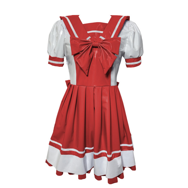 New Preppy College Style Pleated Dress Wetlook Puff Short Sleeve PVC Leather Navy Dress Party Cosplay Novelty Sailor Bow Dresses