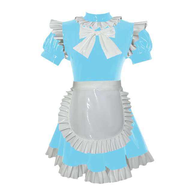 Sissy Maid French PVC Bow Mini Dress with Apron Spandex PVC Leather Short Sleeves A-line Maid Dress Outfits Crossdress Uniform