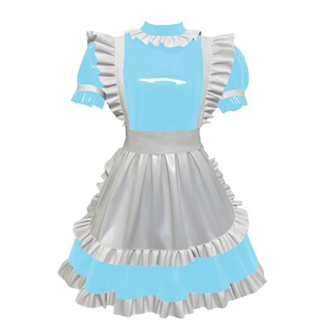 High Neck Faux-latex PVC French Maid Dress Wet Clubwear Cosplay Maid Glossy Pleated Dress White Apron Maid Uniforms Womens Mens