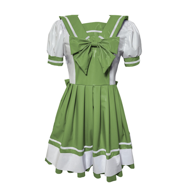 New Preppy College Style Pleated Dress Wetlook Puff Short Sleeve PVC Leather Navy Dress Party Cosplay Novelty Sailor Bow Dresses