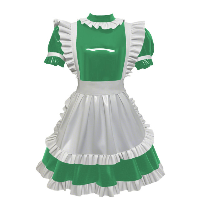 High Neck Faux-latex PVC French Maid Dress Wet Clubwear Cosplay Maid Glossy Pleated Dress White Apron Maid Uniforms Womens Mens
