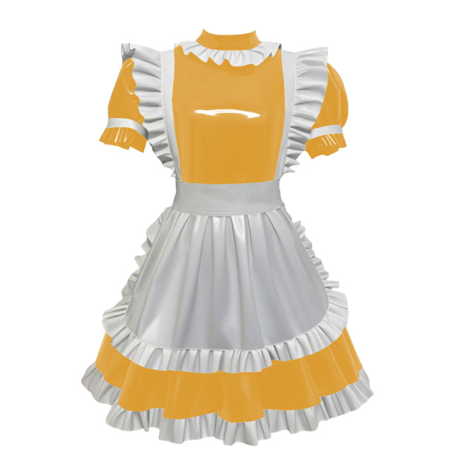 High Neck Faux-latex PVC French Maid Dress Wet Clubwear Cosplay Maid Glossy Pleated Dress White Apron Maid Uniforms Womens Mens
