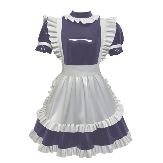 High Neck Faux-latex PVC French Maid Dress Wet Clubwear Cosplay Maid Glossy Pleated Dress White Apron Maid Uniforms Womens Mens