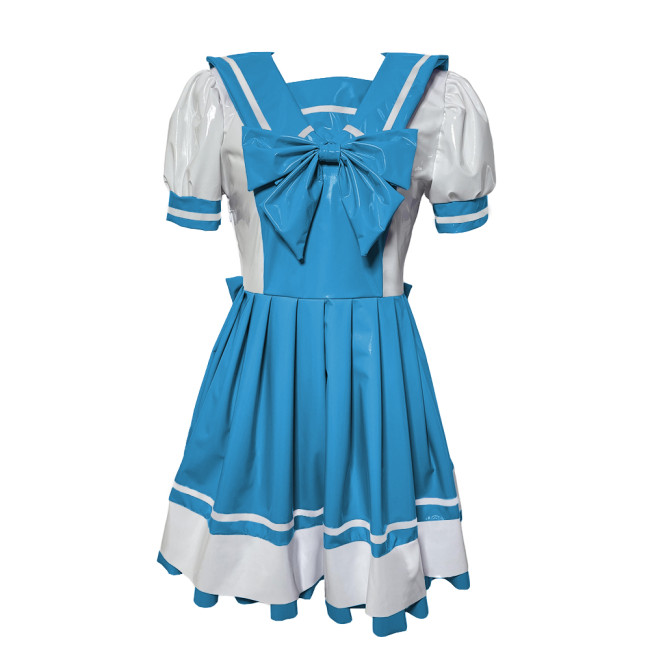 New Preppy College Style Pleated Dress Wetlook Puff Short Sleeve PVC Leather Navy Dress Party Cosplay Novelty Sailor Bow Dresses