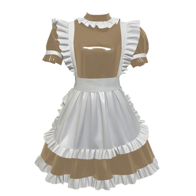 High Neck Faux-latex PVC French Maid Dress Wet Clubwear Cosplay Maid Glossy Pleated Dress White Apron Maid Uniforms Womens Mens