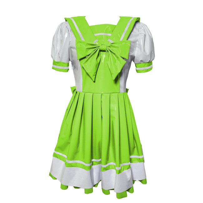 New Preppy College Style Pleated Dress Wetlook Puff Short Sleeve PVC Leather Navy Dress Party Cosplay Novelty Sailor Bow Dresses