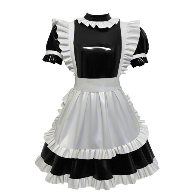 High Neck Faux-latex PVC French Maid Dress Wet Clubwear Cosplay Maid Glossy Pleated Dress White Apron Maid Uniforms Womens Mens