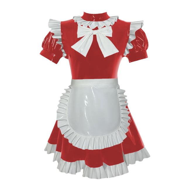 Sissy Maid French PVC Bow Mini Dress with Apron Spandex PVC Leather Short Sleeves A-line Maid Dress Outfits Crossdress Uniform
