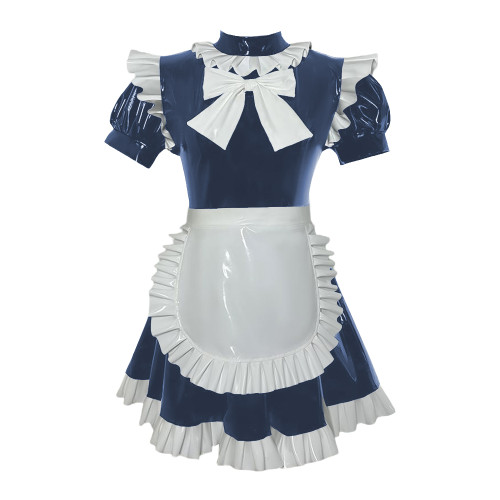 Sissy Maid French PVC Bow Mini Dress with Apron Spandex PVC Leather Short Sleeves A-line Maid Dress Outfits Crossdress Uniform