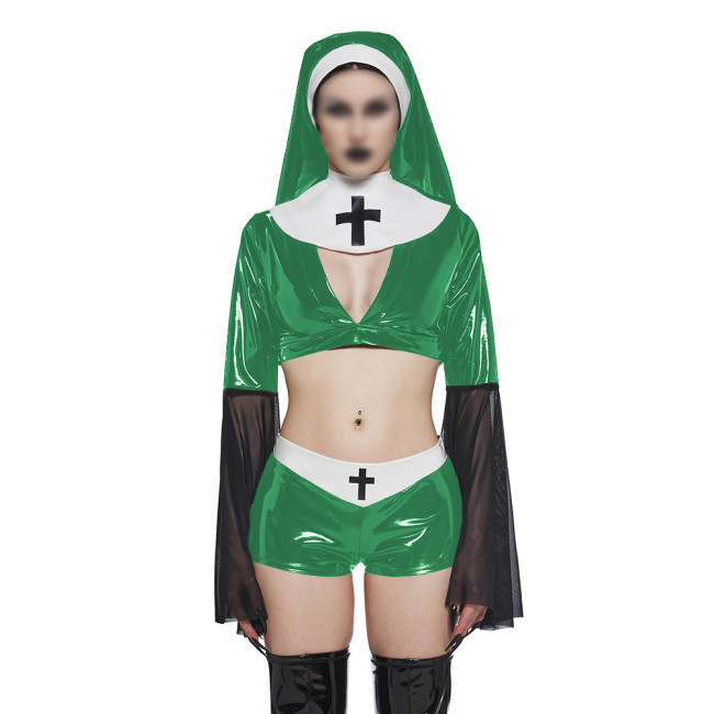 Copy Naughty Sexy Nun Cosplay Dress Outfits Flared Long Sleeve Tight Mini Dress with Headscarf Halloween Party Fancy Sister Nun Dress