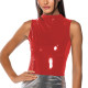 Mock Neck Vinyl Tank T-shirts Fashion sexy Glossy PVC Leather Slim Fit Tops Women Zipper Wet Look Top Vest Sleeveless Clubwear