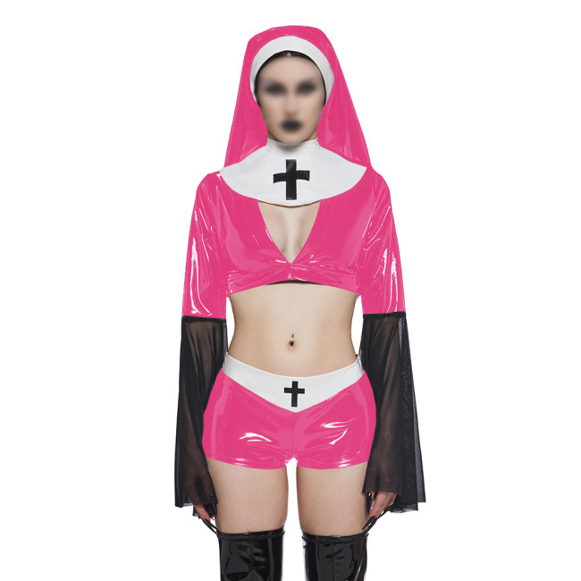 Copy Naughty Sexy Nun Cosplay Dress Outfits Flared Long Sleeve Tight Mini Dress with Headscarf Halloween Party Fancy Sister Nun Dress