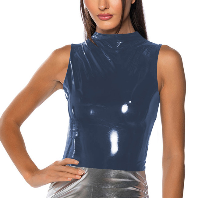 Mock Neck Vinyl Tank T-shirts Fashion sexy Glossy PVC Leather Slim Fit Tops Women Zipper Wet Look Top Vest Sleeveless Clubwear