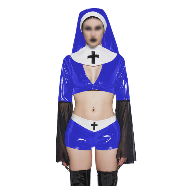 Copy Naughty Sexy Nun Cosplay Dress Outfits Flared Long Sleeve Tight Mini Dress with Headscarf Halloween Party Fancy Sister Nun Dress