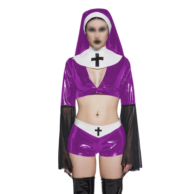 Copy Naughty Sexy Nun Cosplay Dress Outfits Flared Long Sleeve Tight Mini Dress with Headscarf Halloween Party Fancy Sister Nun Dress