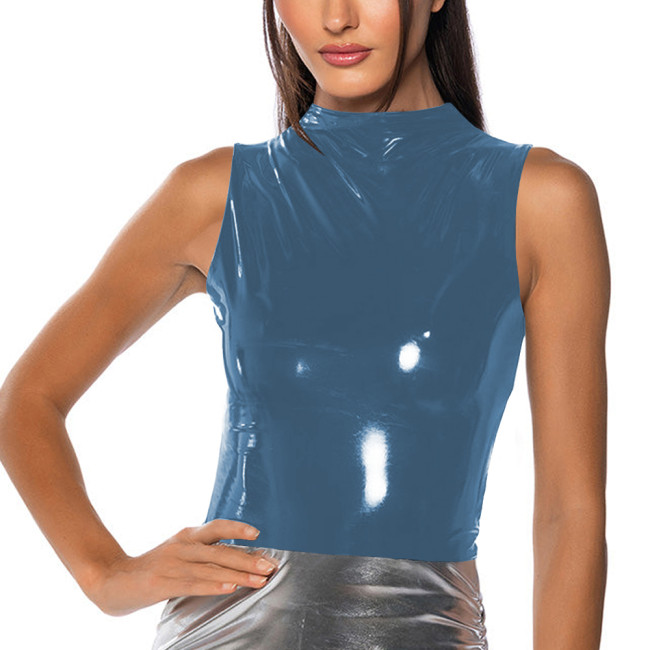Mock Neck Vinyl Tank T-shirts Fashion sexy Glossy PVC Leather Slim Fit Tops Women Zipper Wet Look Top Vest Sleeveless Clubwear