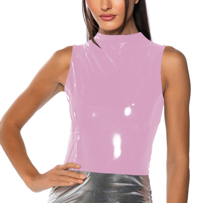 Mock Neck Vinyl Tank T-shirts Fashion sexy Glossy PVC Leather Slim Fit Tops Women Zipper Wet Look Top Vest Sleeveless Clubwear