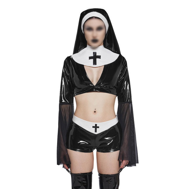 Copy Naughty Sexy Nun Cosplay Dress Outfits Flared Long Sleeve Tight Mini Dress with Headscarf Halloween Party Fancy Sister Nun Dress