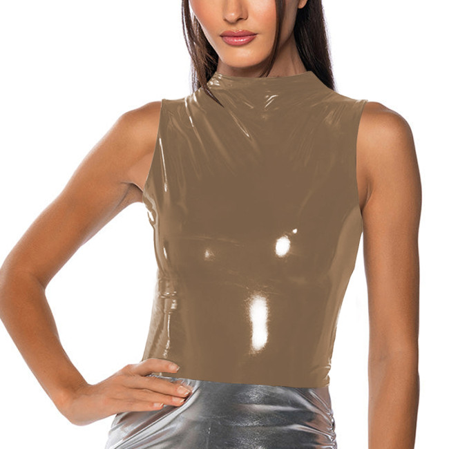 Mock Neck Vinyl Tank T-shirts Fashion sexy Glossy PVC Leather Slim Fit Tops Women Zipper Wet Look Top Vest Sleeveless Clubwear