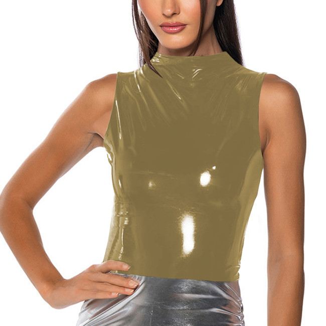 Mock Neck Vinyl Tank T-shirts Fashion sexy Glossy PVC Leather Slim Fit Tops Women Zipper Wet Look Top Vest Sleeveless Clubwear